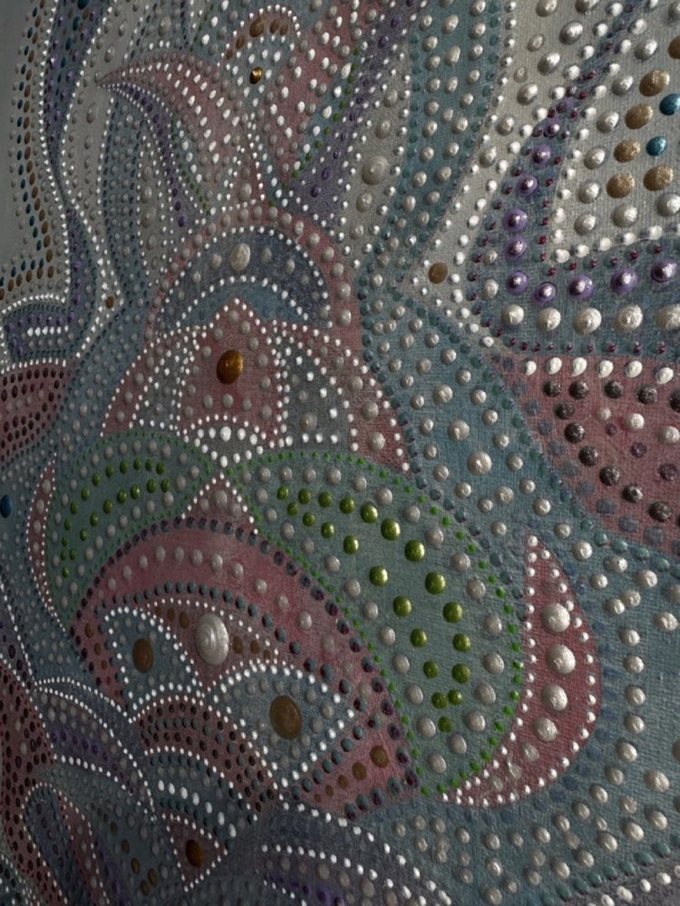 Pastel forms and raised dots in Dance of White Tara